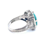 Art Deco 14k White Gold Genuine Natural Turquoise Filigree Ring (#J5216)