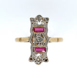 Filigree 18K Gold Ring with Diamonds and Synthetic Lab-Created Rubies (#J6034)