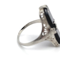 14k White Gold Genuine Natural Onyx Filigree Ring w/ Diamond Size 6.75 (#J6209)