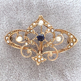 Victorian 10k Rose Gold Watch Pin with Pearls and Blue Paste Stones (#J7545)