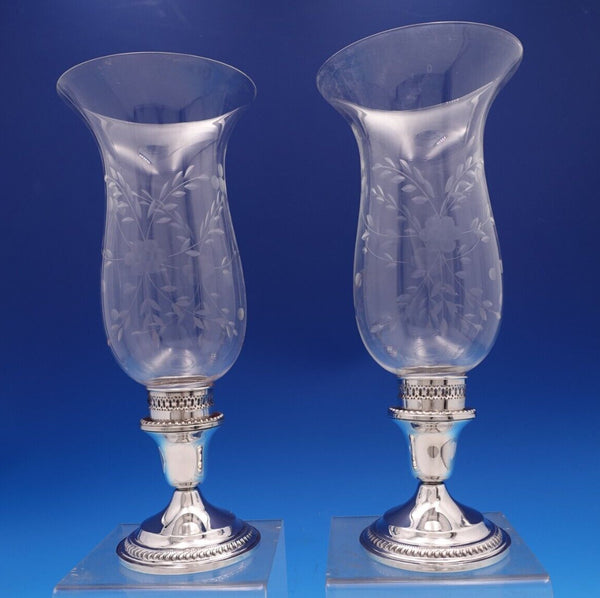 Garden Silversmiths Sterling Silver Glass Hurricane Lamp Candlestick Pair #8079