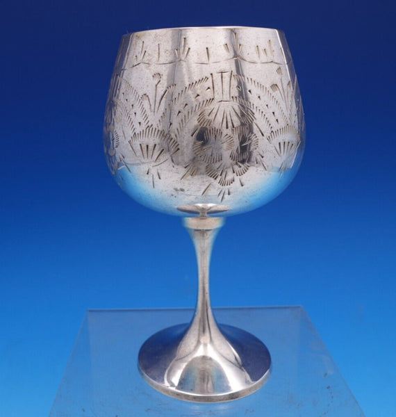 Bright-Cut .925 Silver Water Goblet with Leaves and Flowers 6" x 2 3/4" (#7810)