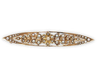 14k Yellow Gold Victorian Seed Pearl Flower Bar Pin with Applied Leaves (#J6738)