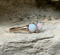 14k Yellow Gold Twin Round Genuine Natural Opal Ring with Diamonds (#J5813)