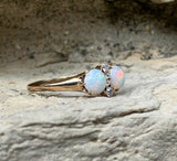 14k Yellow Gold Twin Round Genuine Natural Opal Ring with Diamonds (#J5813)