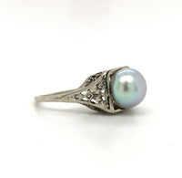 18k White Gold Art Deco 8mm Pearl Filigree Ring (#J5450)