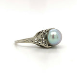 18k White Gold Art Deco 8mm Pearl Filigree Ring (#J5450)