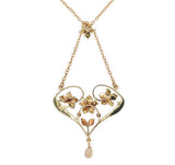 Victorian 14k Gold Heart Shaped Flower Lavaliere Necklace w/Pearls Stones #J7542