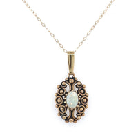 14k Gold Oval Genuine Natural Opal Pendant with Pierced Scrollwork (#J6226)