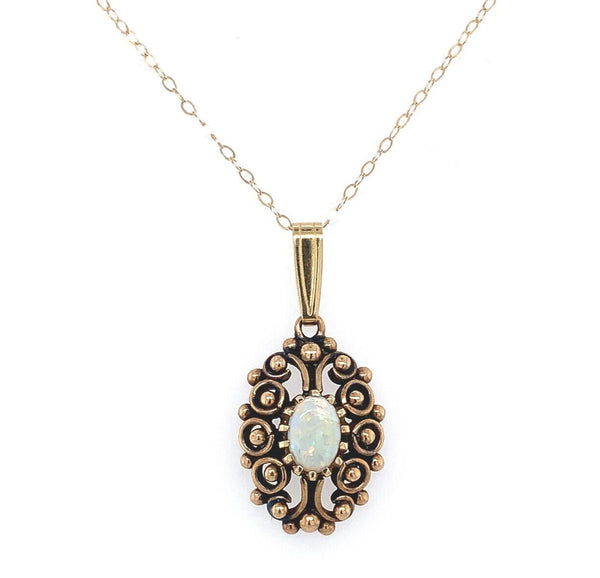 14k Gold Oval Genuine Natural Opal Pendant with Pierced Scrollwork (#J6226)