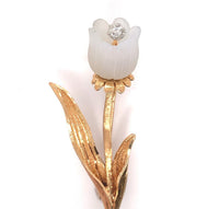 18k Gold Carved Genuine Natural Chalcedony Tulip Flower Pin w/ Diamond (#J6238)