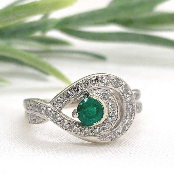 14k White Gold .32ct Genuine Natural Emerald and Diamond Ring Size 6.5 (#J7165)