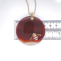 14k Yellow Gold Enamel Bee on Large Genuine Natural Agate Disk Pendant (#J6232)