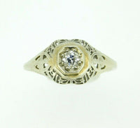Art Deco 18k White Gold Genuine Natural Diamond Filigree Ring .16ct (#J843)
