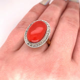 18k Gold and Platinum Genuine Natural Ox Blood Coral and Diamond Ring (#J5398)