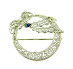 10k Gold Art Deco Filigree Brooch Pin Ribbon Bow w/Lab-Created Sapphire (#J1645)