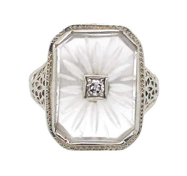 14k Gold Filigree Genuine Natural Rock Crystal Diamond Ring Size 4.25 (#J6497)