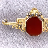 14k Yellow Gold Antique Rose Cut Genuine Natural Diamond Carnelian Pin (#J5635)