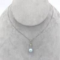 14k White Gold 8.8mm Blue Akoya Pearl and Diamond Pendant with Chain (#J7022)
