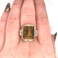 10k Yellow Gold Genuine Natural Tiger's Eye Cameo Men's Ring w/Diamonds (#J5891)