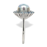 14k White Gold 9mm Blue Akoya Pearl and Aquamarine Ring Size 7 Jewelry (#J7067)