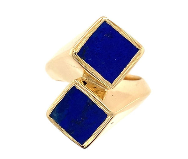 18k Yellow Gold Heavy Modern Genuine Natural Lapis Bypass Ring Size 6.25 #J7308