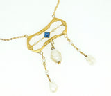 Art Nouveau 10k Yellow Gold Pearl Festoon Necklace w/Lab-Created Sapphire #J4381