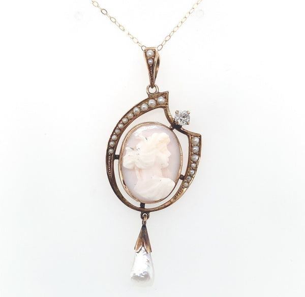 10k Yellow Gold Angel Skin Shell Cameo and Diamond Pendant Jewelry (#J6062)