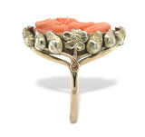 14k Gold Arts and Crafts Handwrought Genuine Natural Coral Cameo Ring  (#J7396)