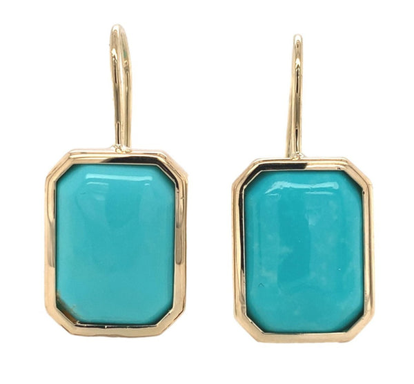 14k Yellow Gold Genuine Kingman Turquoise Rectangular Drop Earrings (#J7322)