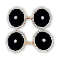 Platinum and 14k Pair of Black Onyx and Pearl Men's Cufflinks w/Engraving #J6873