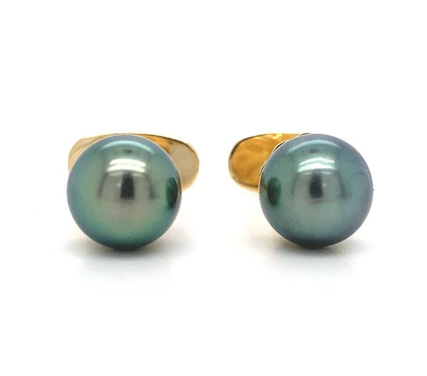 14k Yellow Gold Cufflinks with 9mm Tahitian Black Peacock Pearls (#J6426)