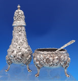 Repousse by Kirk Sterling Silver Open Salt Pepper Shaker & Spoon Set 3-pcs #8365