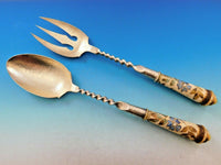 Doulton by Shreve Sterling Silver Salad Serving Set with Enamel & Porcelain 11"