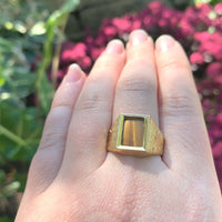 18k Gold Hand Engraved Men's Genuine Natural Tiger's Eye Quartz Ring (#J6219)