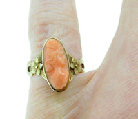 10k Gold Art Nouveau Genuine Natural Coral Cameo Ring Carved Flowers (#J4723)