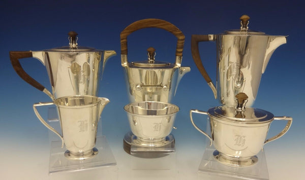 International Sterling Silver Tea Set 6pc w/Teak Handles Modernism (#0482)