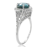 14k White Gold Filigree 3.70 Carat Teal Blue Genuine Natural Zircon Ring #J6922