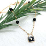 14k Gold Necklace w/Genuine Diamond Black Enamel Lock Pendant and Beads (#J7571)