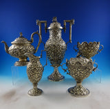 Repousse by AE Warner Coin Silver Tea Set 5 pc Samovar Birds Monkey Lion #8648