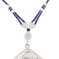 18k White Gold Genuine Natural Sapphire and Diamond Deco Style Necklace (#J4854)