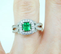 14k White Gold Genuine Natural Emerald and Diamond Halo Ring (#J5003)