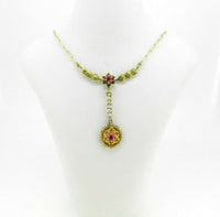 14k Gold Victorian Lavaliere Necklace Red Paste/Glass Stones Seed Pearls #J4514