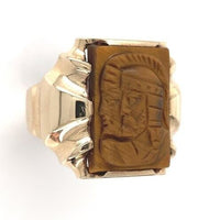 10k Gold Genuine Natural Tiger's Eye Men's Double Warrior Cameo Ring (#J6221)