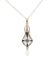 10k Yellow Gold Lavaliere with Pearl Drop and Blue Glass Accent w/Chain (#J7192)