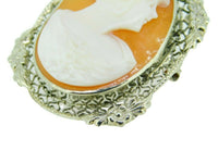 14k White Gold Genuine Natural Shell Cameo Pin Filigree Applied Flowers (#J2146)