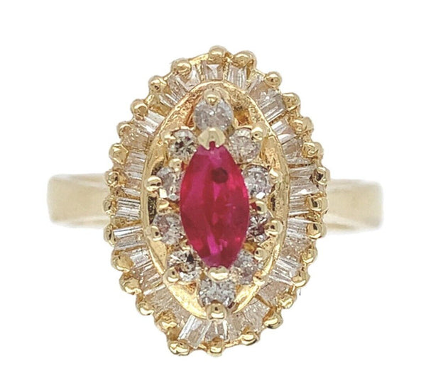 14k Yellow Gold Marquise Genuine Natural Ruby and Diamond Cocktail Ring (#J2748)