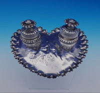 Edward Brown English Sterling Silver Inkwell Set w/Heart Shaped Tray 3pc (#3195)