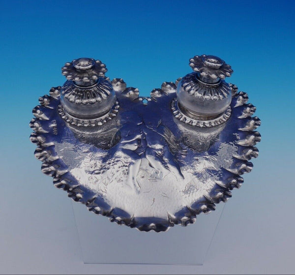 Edward Brown English Sterling Silver Inkwell Set w/Heart Shaped Tray 3pc (#3195)