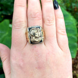 10k Yellow Gold Men's Double Warrior Gold Cameo Ring Black Enamel (#J6181)